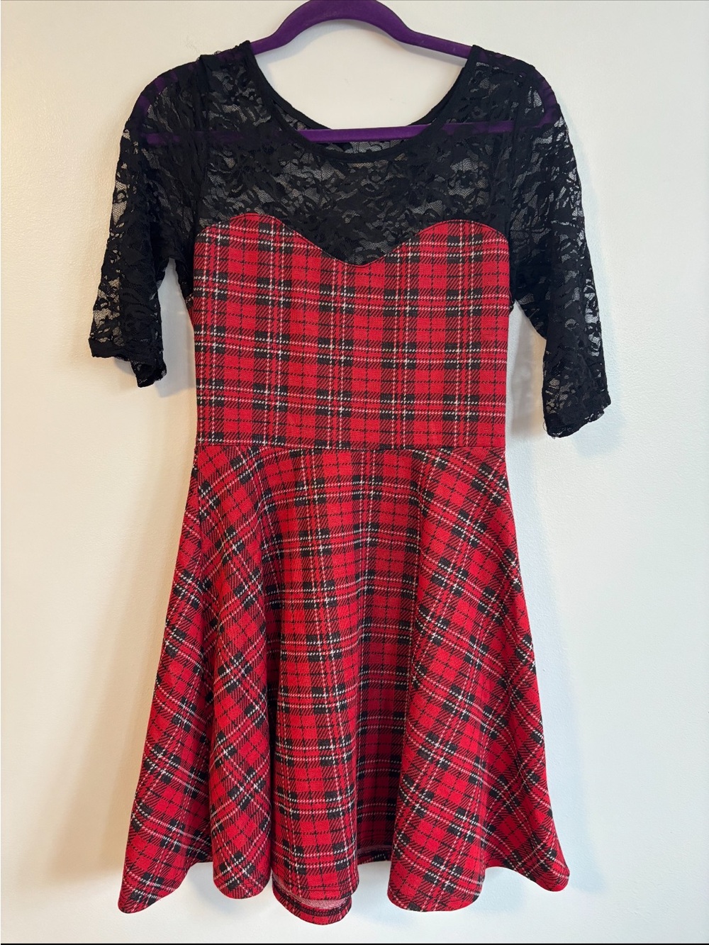 Estam Red & Black Plaid Skater Mini Dress With Lace Neckline Size Medium